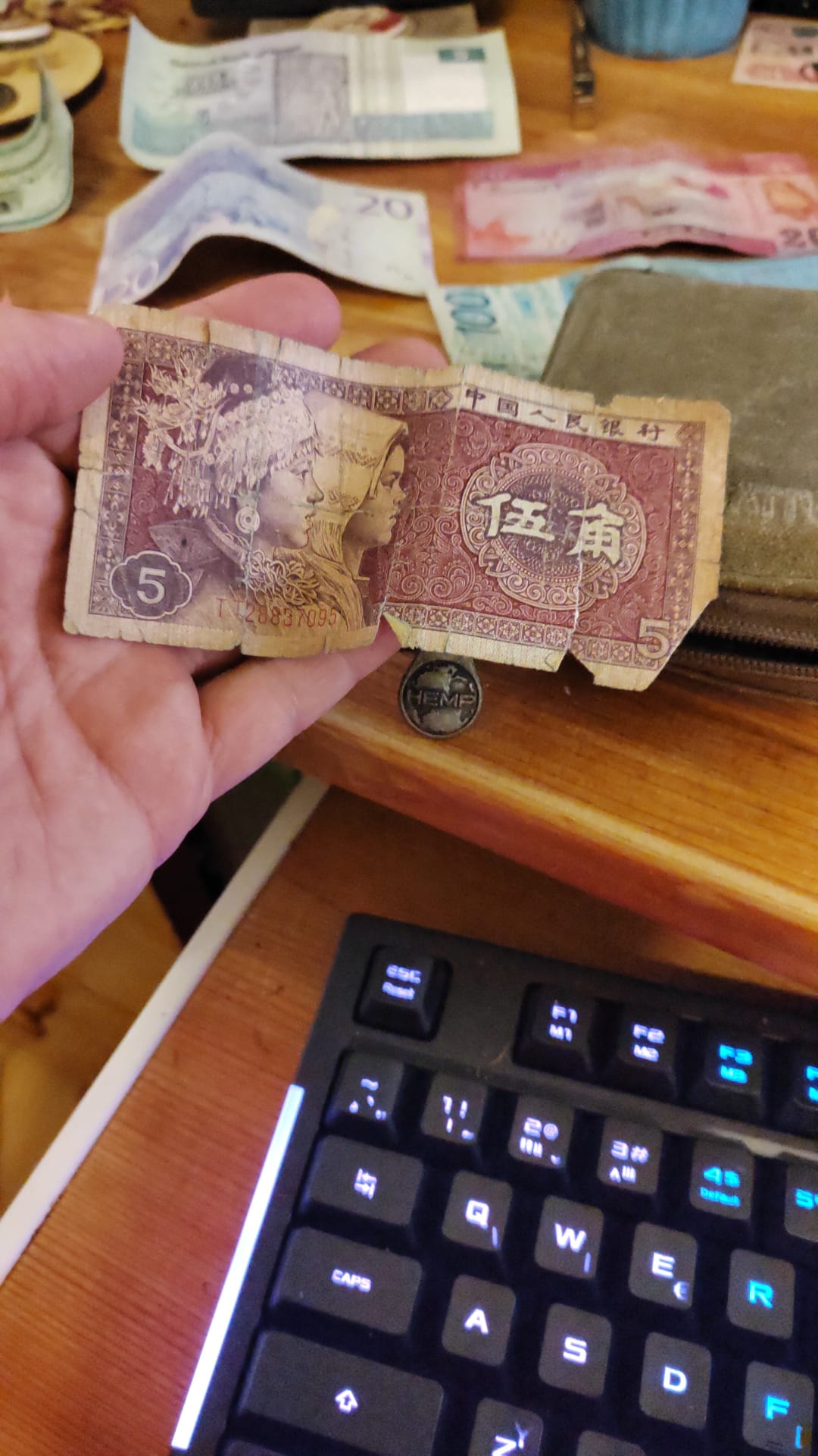 An old soft worn Chinese 5 jiao banknote from the People's Bank of China 4th series, featuring two women in traditional ethnic minority dress.