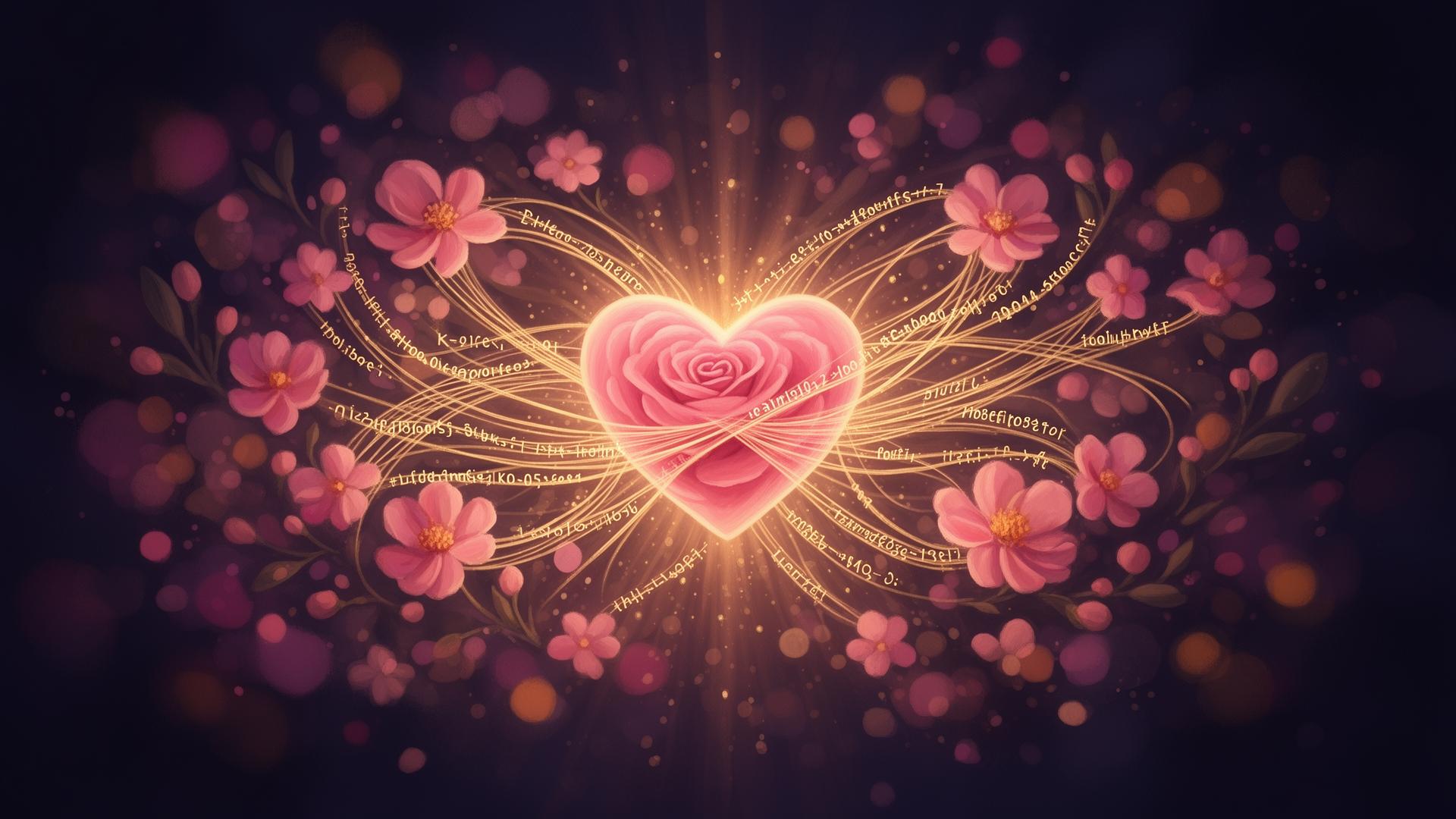 Glowing heart weaving golden code into flowers — tribute to Lovable